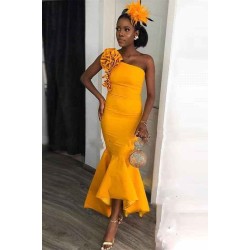 One-shoulder Yellow Mermaid Ankle-length Evening Dress with hand-made Flowers Bridesmaid Dresses under $100
