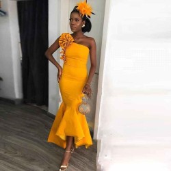 One-shoulder Yellow Mermaid Ankle-length Evening Dress with hand-made Flowers Bridesmaid Dresses under $100