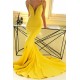 Ginger Yellow Deep V-neck Prom Party Gowns with Chapel Train Chic Simple Body-fitting Evening Dress for Sale