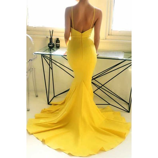 Ginger Yellow Deep V-neck Prom Party Gowns with Chapel Train Chic Simple Body-fitting Evening Dress for Sale