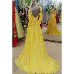 Affordable Yellow Spaghetti Strap Open Back Prom Dresses Sleeveless Applique Evening Dresses with Beads