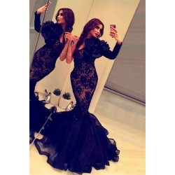 Evening Gowns Black One Shoulder Beaded Ruffles Train Arabic Pageant Dresses
