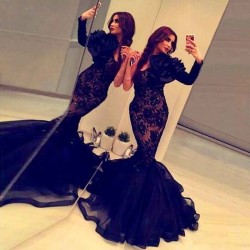 Evening Gowns Black One Shoulder Beaded Ruffles Train Arabic Pageant Dresses