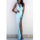 Light Blue Prom Dresses V-neck Ruffles Sleeveless Chic Side Slit Sloor Length Beach Evening Gowns