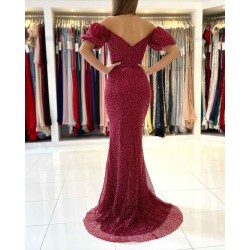 Off-the-Shoulder Bubble Sleeves Burgundy Prom Dress Sequins Slit Evening Gowns