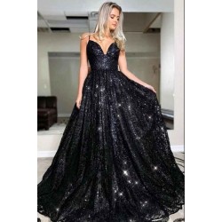 Glamorous Spaghetti-Straps Black Sequins Long Evening Prom Dress