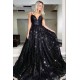 Glamorous Spaghetti-Straps Black Sequins Long Evening Prom Dress