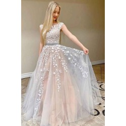 Beautiful Cap Sleeve Lace Prom Dress Long Tulle Evening Party Gowns