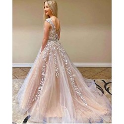 Beautiful Cap Sleeve Lace Prom Dress Long Tulle Evening Party Gowns