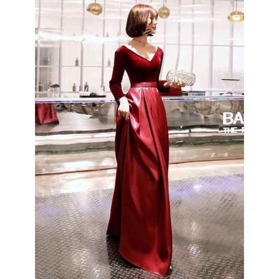 Charming Evening Dresses Long Sleeve V Neck Satin Velvet Floor Length Maxi Dresses