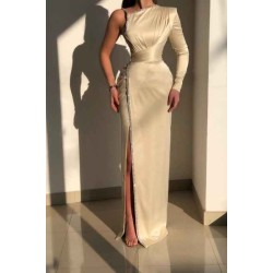 Glorious Ivory One Shoulder Long-Sleeve Sheath Evening Dresses With Sequins