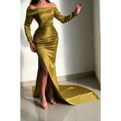 Glorious Yellow Off-the-shoulder Long-Sleeve Mermaid Long-Sleeve Evening Dresses