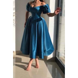 Glorious Blue Off-the-shoulder A-Line Ankle-Length Satin Evening Dresses