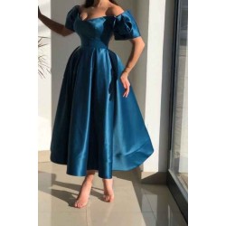 Glorious Blue Off-the-shoulder A-Line Ankle-Length Satin Evening Dresses