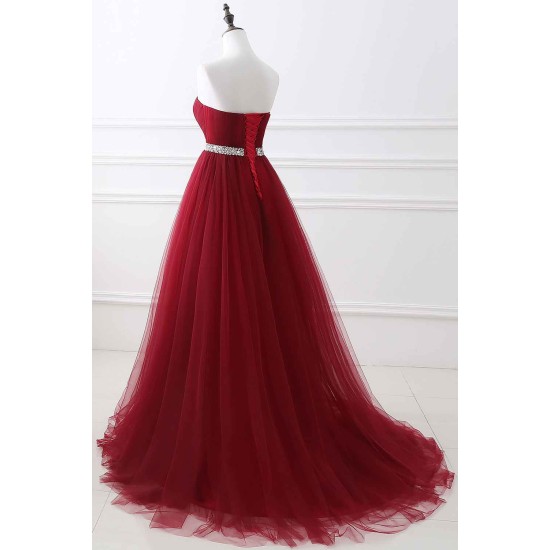 Gorgeous Burgundy Sweetheart Long Prom Dress Tulle Crystal Evening Gown