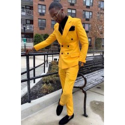 Yellow Double Breasted Peaked Lapel Slim Fit Men Suits