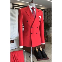 Red Peaked Lapel Double Breasted Bespoke Slim Fit Men's Prom Suits