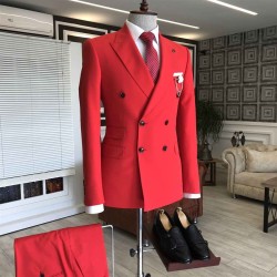 Red Peaked Lapel Double Breasted Bespoke Slim Fit Men's Prom Suits