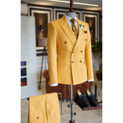 Classy Yellow Peaked Lapel Double Breasted Tailored Prom Suits