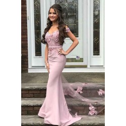 Beautiful Off-the-shoulder Mermaid Lace Appliques Pearl Pink Bridesmaid Dress with Belt