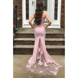 Beautiful Off-the-shoulder Mermaid Lace Appliques Pearl Pink Bridesmaid Dress with Belt
