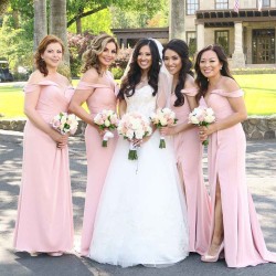Pink Off-the-Shoulder Long Bridesmaid Dress With Split