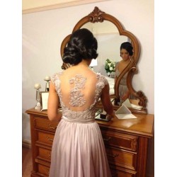 V-Neck Chiffon Lace Sequins Beads Cap Sleeves Bridesmaid Dress