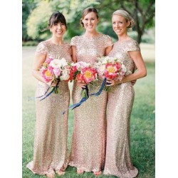 Modern Bateau Short Sleeves Sequins Bridesmaid Dresses