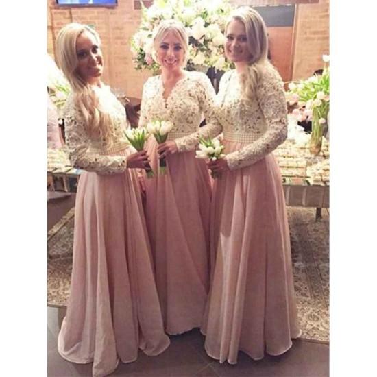 Charming Long Sleeves V-neck Lace Chiffon Bridesmaid Dresses
