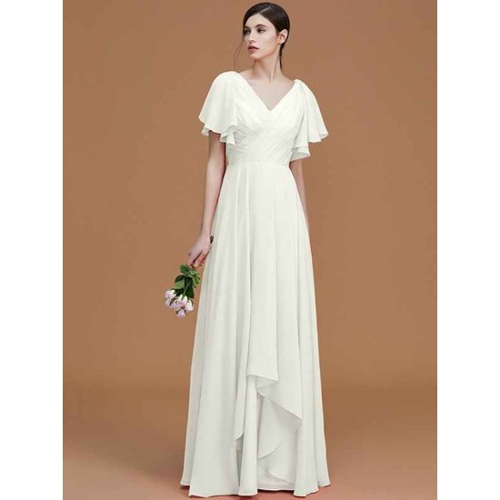 V-Neck Elegant Short Sleeves Ruched Chiffon Bridesmaid Dresses