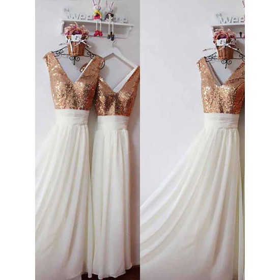 Amazing Chiffon V-neck Sleeveless Sequin Bridesmaid Dresses